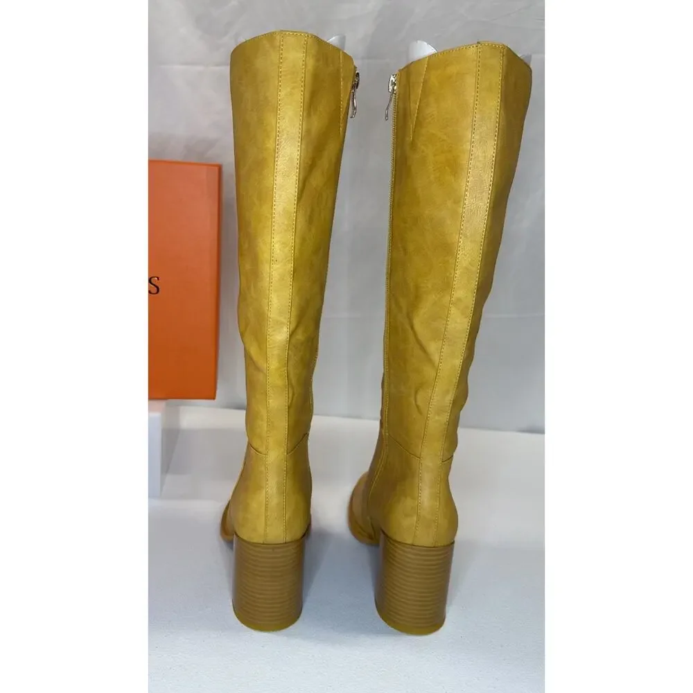 TopWalks Women's Knee High Boots Chunky Block Heel Banana-Yellow Size 6.5